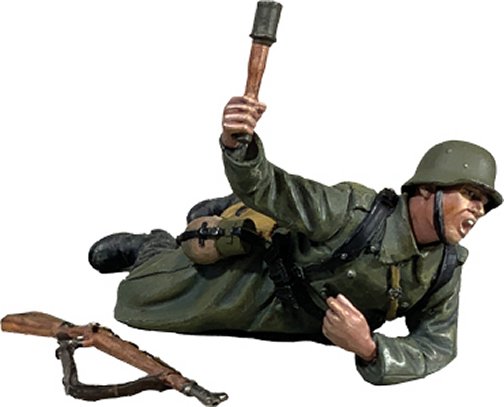 German Grenadier in Greatcoat Prone Throwing Grenade, 1942-45