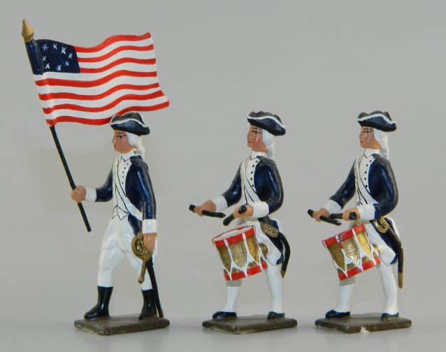 American Revolution Flagbearer & Two Drummers