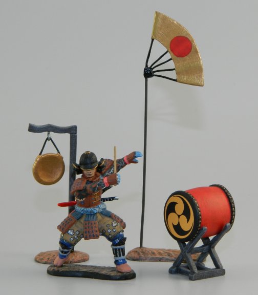 Samurai Drummer with Drum on Stand, Gong and Tokugawa Fan Standard